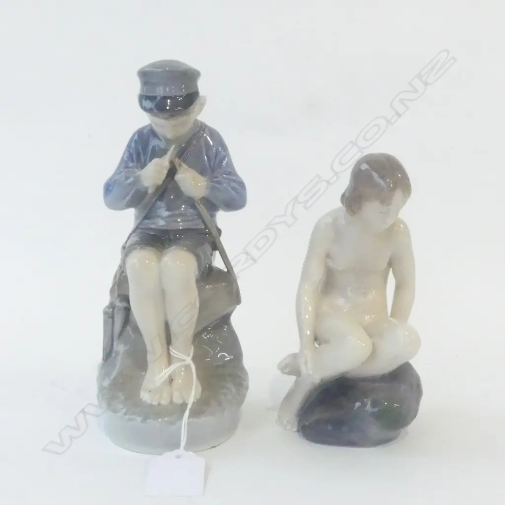 TWO ROYAL COPENHAGEN FIGURINES; BOY FISHING, H.180mm & YOUNG GIRL on ROCK, H.150mm Image 1++