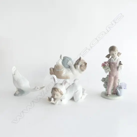 3 PCES NAO + LLADRO GIRL w. FLOWERS & BIRD H.190mm
