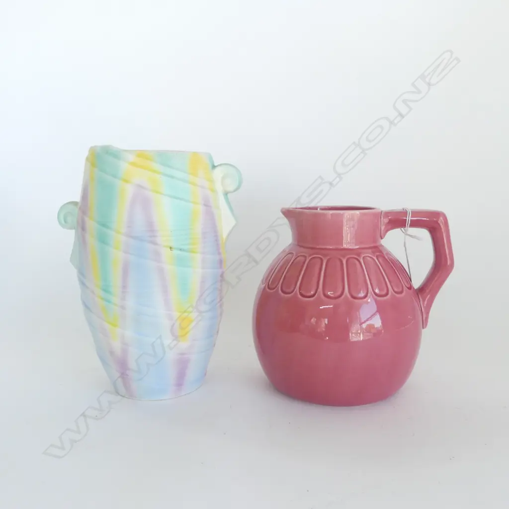 PINK GLAZED SARREGUEMINES POTTERY JUG H.180mm +SHORTER & SON POTTERY VASE H.230mm Image 1++