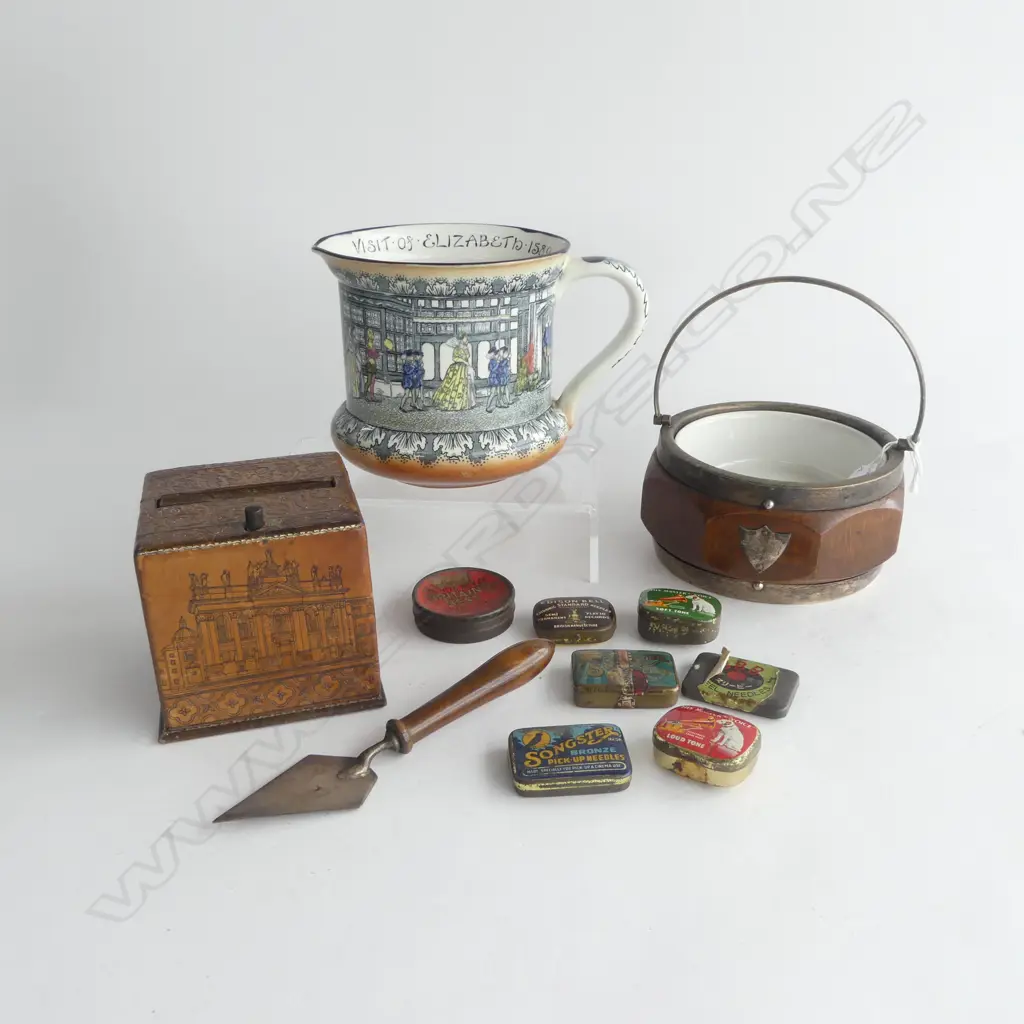GRAMOPHONE NEEDLES, R. DOULTON OLD MORETON JUG, LEATHER CIGARETTE DISPENSER ETC Image 1++