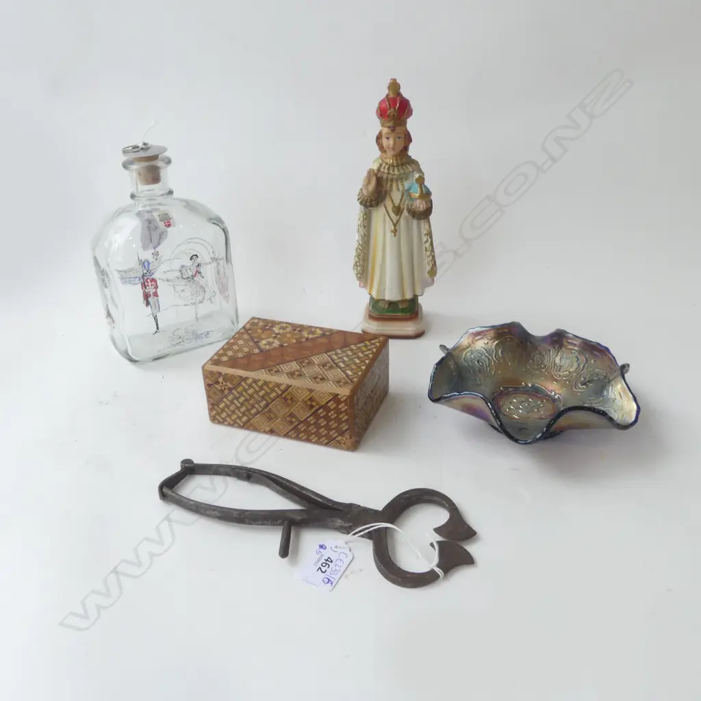 5 PCES; HOLMEGAARD BOTTLE, CARNIVAL GLASS BOWL 155mm dia, PINCERS, INLAID PUZZLE BOX, RELIGIOUS FIGURE AF H.220mm Image 1++