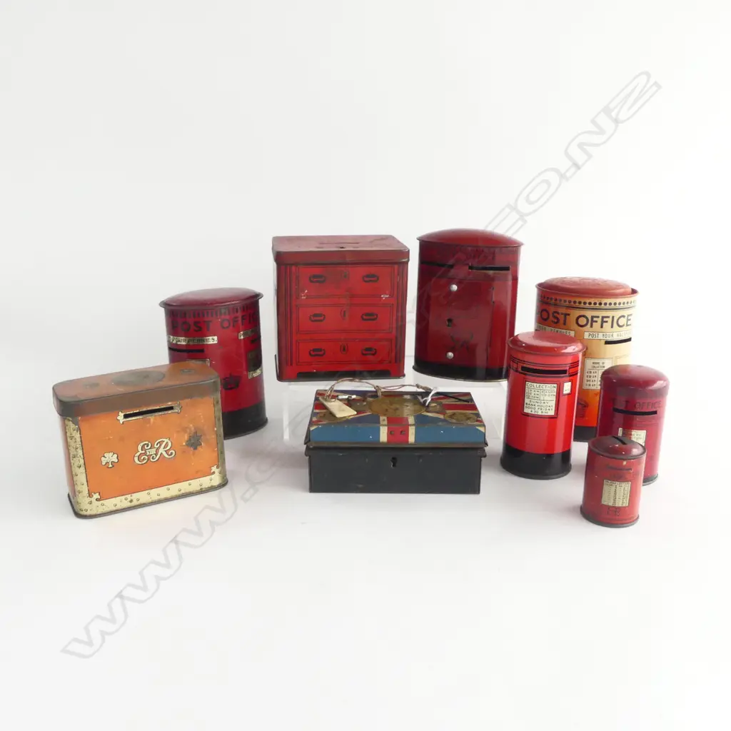 9 ASST. VINTAGE TIN MONEY BOXES; 6 AS POST OFFICE BOXES H.130mm Image 1++