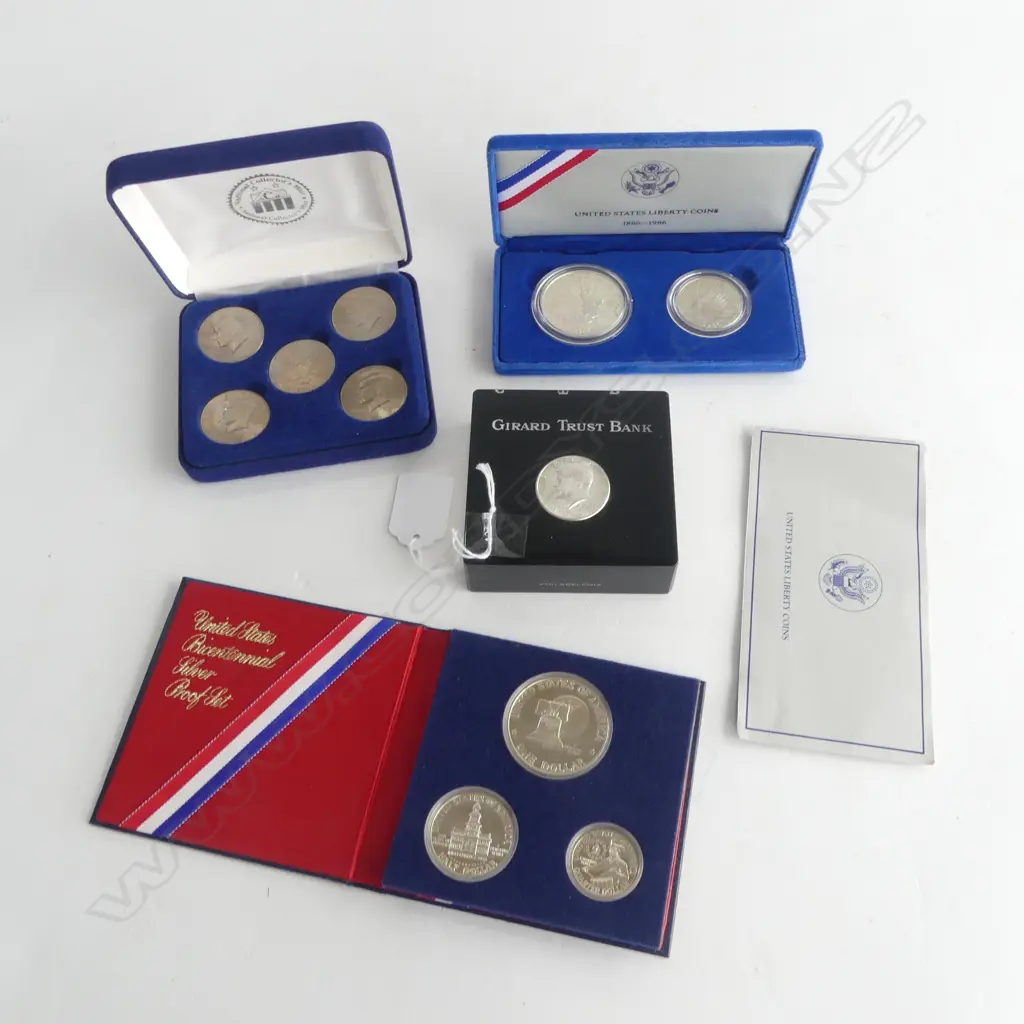 AMERICAN SILVER COINS; 3 CASED SETS + GIRARD TRUST BANK PAPERWEIGHT Image 1++