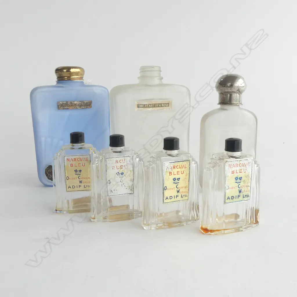 7 ASST. ART DECO PERIOD GLASS BOTTLES; LARGEST H.130mm Image 1++