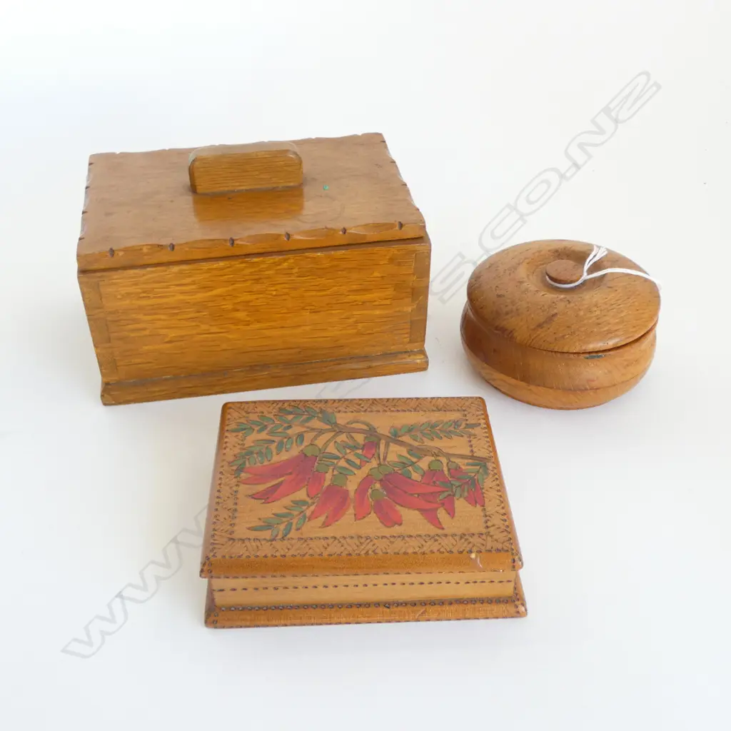 THREE VINTAGE HANDCRAFTED NZ TIMBER BOXES; ONE TURNED, ONE w KOWHAI POKERWORK & ONE w LID Image 1++