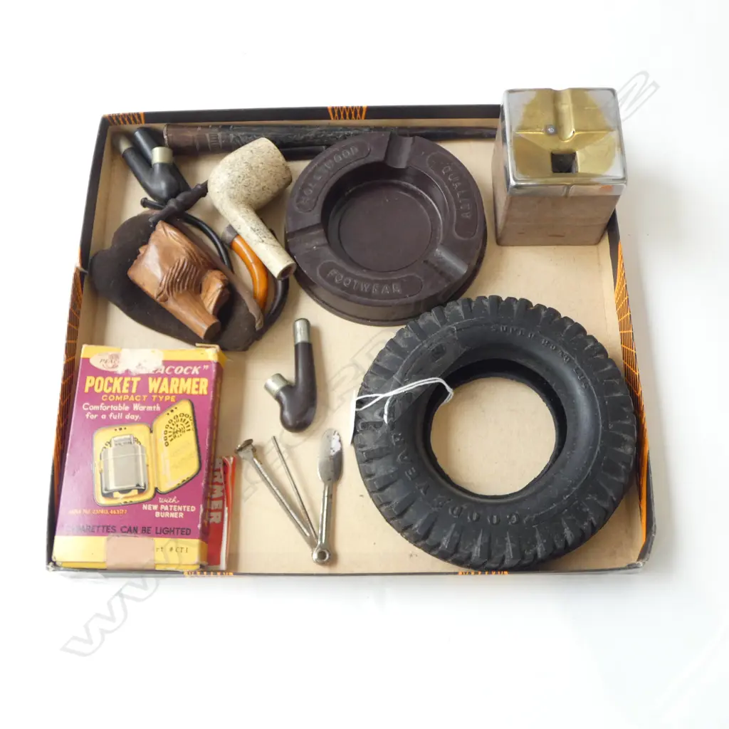 ASSTD. COLLECTIBLES GOODYEAR TYRE, ASHTRAYS, PIPE PIECES, POCKET WARMER ETC   Image 1++