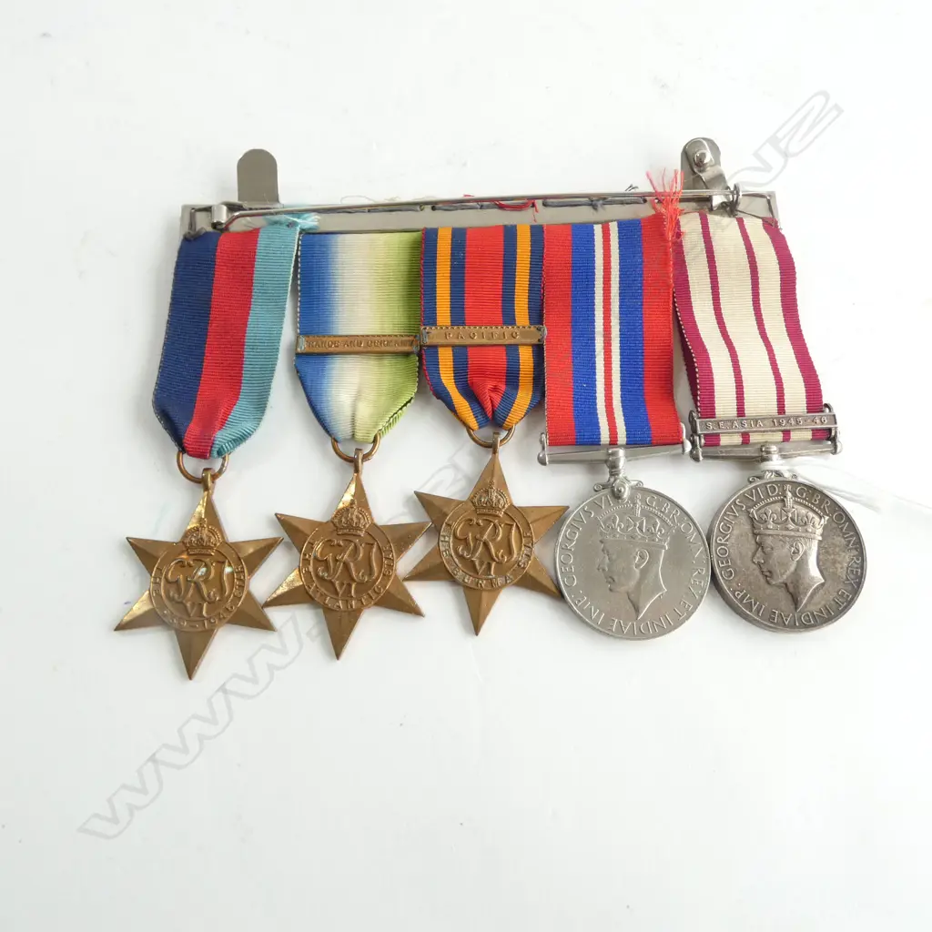 5 MEDAL GROUP ON ONE BAR. Includes 1939-45 Star. The Atlantic Star. Burma Star. British Campaign + Naval General Service Image 1++