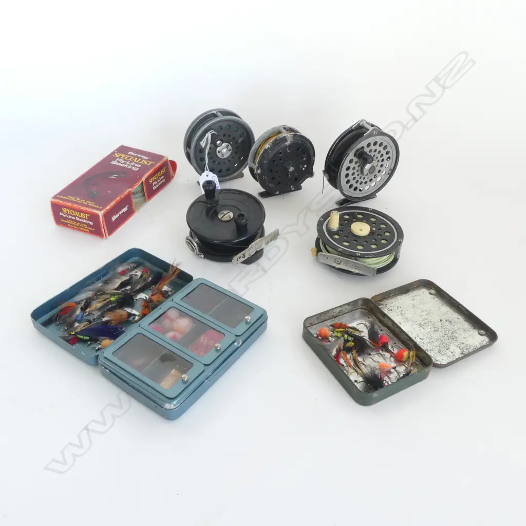 5 FISHING REELS, 2 FLY BOXES, BOX OF BACKING Image 1++