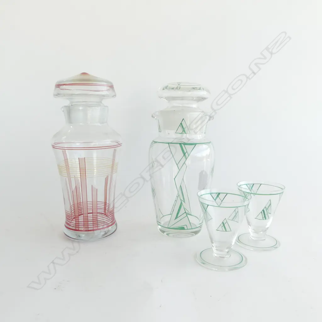 GLASS ART DECO DECANTER w. PR MATCHING GLASSES + OTHER ART DECO DECANTER Image 1++