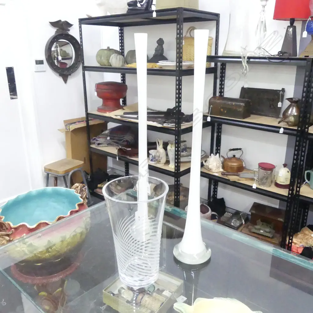 PR TALL MILK GLASS SPEC VASES H600MM & CLEAR CUT GLASS VASE H250MM Image 1++