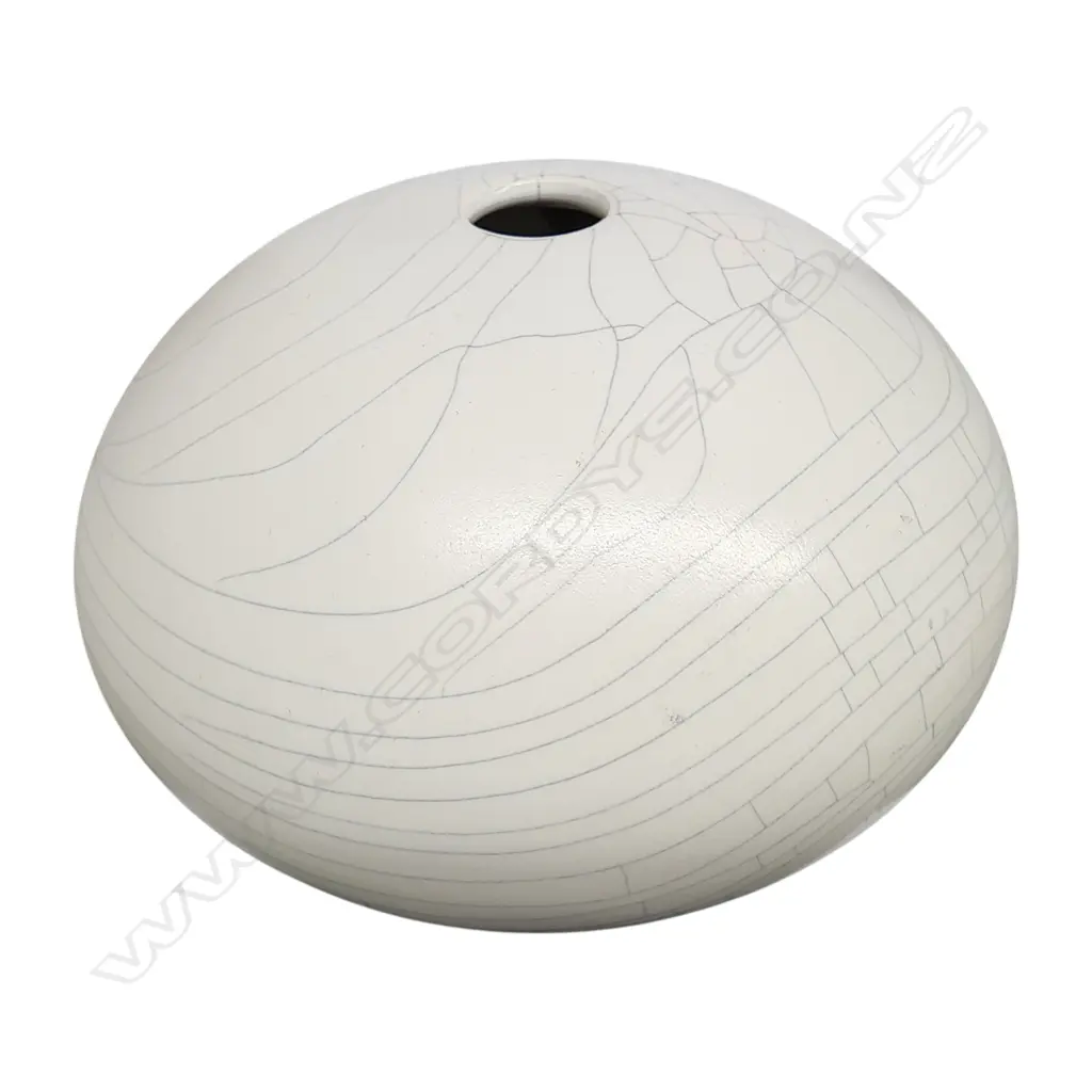 PETER COLLIS ORB VASE, WHITE CRACKLE GLAZE, INCISED MARK TO BASE H. Image 1++