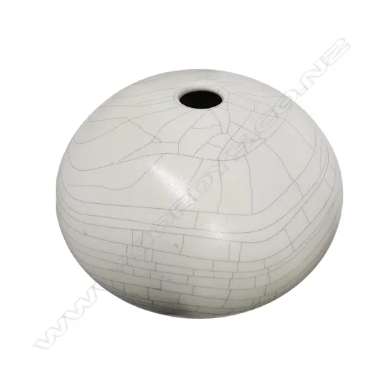 PETER COLLIS ORB VASE, WHITE CRACKLE GLAZE, INCISED MARK TO BASE H.