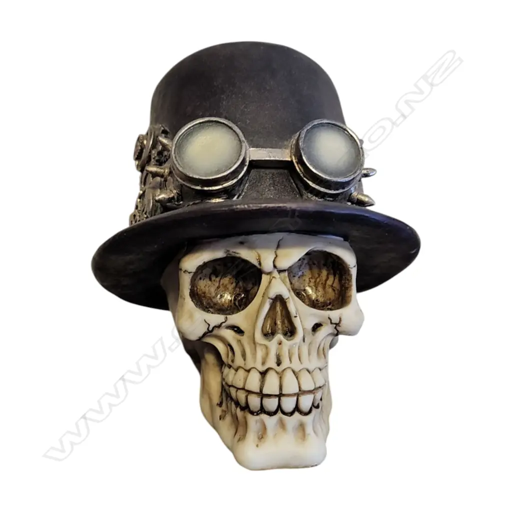 EBROS STEAMPUNK ARISTOCRAT WITH AVIATOR PILOT GOGGLES SKULL FIGURINE - D 170 x160MM Image 1++