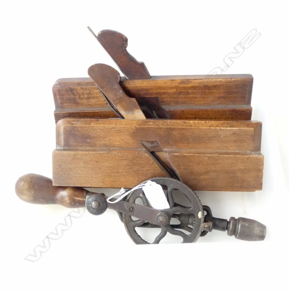ANTIQUE HAND DRILL AND TWO WOODEN WOODWORK PLANES, L.300MM, L.240MM  Image 1++
