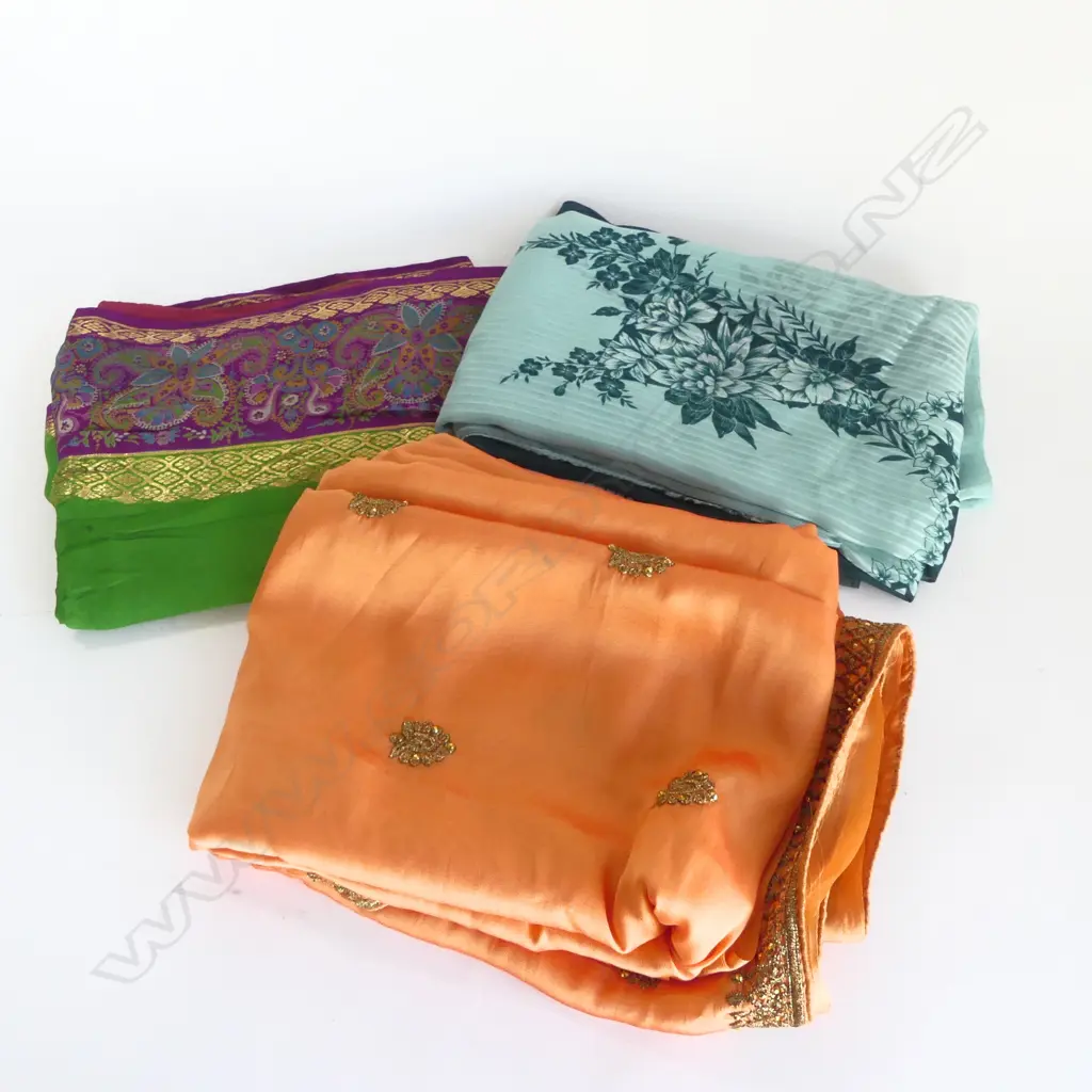 3 INDIAN SARI: Orange w gold embroidery + 2 tone printed green + dark green w purple border Image 1++