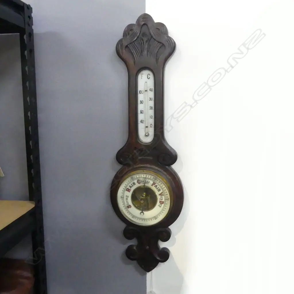 EDWARDIAN MAHOGANY WALL BAROMETER THERMOMETER L560MM Image 1++