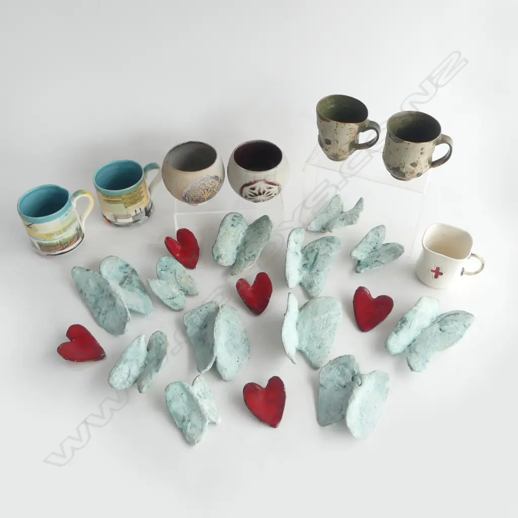 STRAHAN CLARKE POTTERY CUPS/BOWLS & a 17 PC POTTERY BUTTERFLY/HEART SCULPTURE 'ROMEO ROMEO' by LINDA BRUCE Image 1++