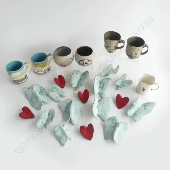 STRAHAN CLARKE POTTERY CUPS/BOWLS & a 17 PC POTTERY BUTTERFLY/HEART SCULPTURE 'ROMEO ROMEO' by LINDA BRUCE
