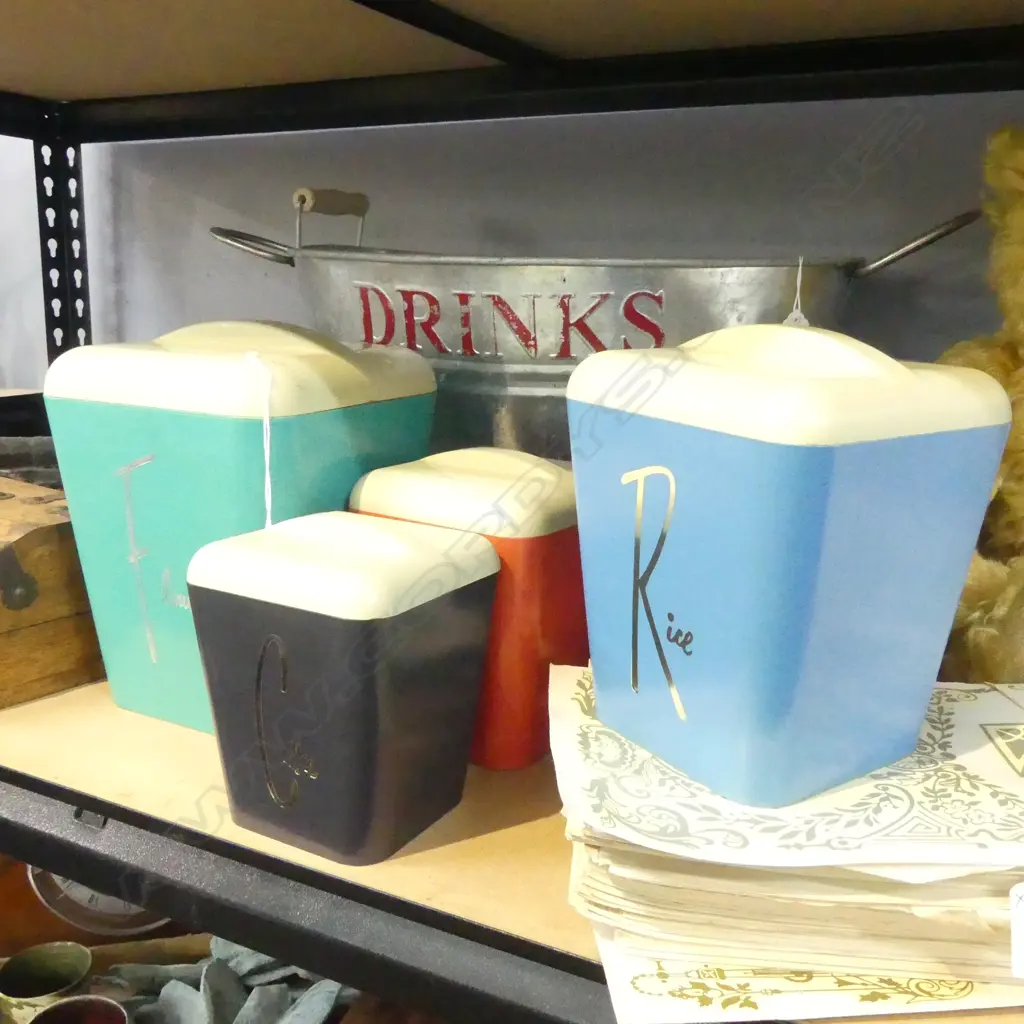 5 RETRO PLASTIC LIDDED KITCHEN CONTAINERS; FLOUR, SUGAR, RICE, TEA, COFFEE H.220mm Image 1++
