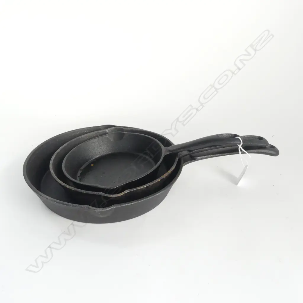 3 GRADUATING CAST IRON FRY PANS 250mm dia Image 1++