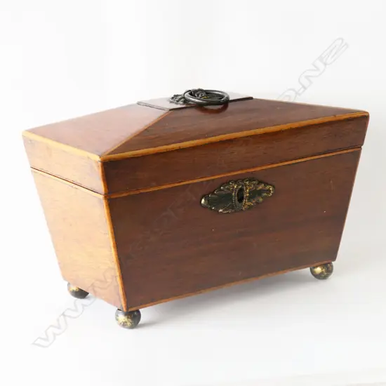 REGENCY SARCOPHAGUS TEA CADDY, BOXWOOD STRINGING, REPLACEMENT LIDS, 210 x 120 x 140mm