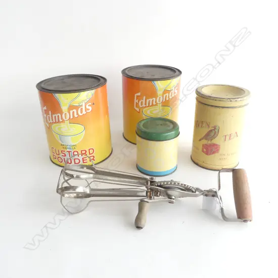 4 VINTAGE TINS INCL 2 EDMONDS CUSTARD POWDER H.175mm + MANUAL EGG BEATER 'SWIFT WHIP'