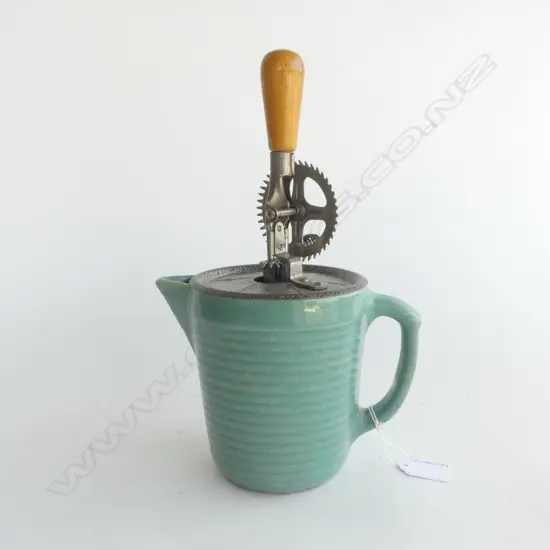  VINTAGE HAND HELD ROTARY BEATER ON CERAMIC JUG  H 300mm