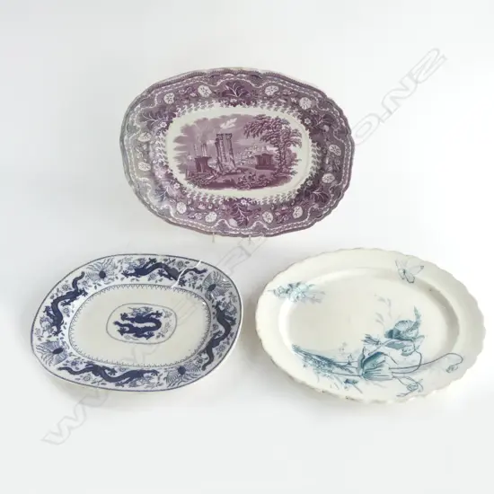 3 VICTORIAN PLATTERS – STAFFORDSHIRE ‘ACROPOLIS’, MINTON ‘CHINESE DRAGON & BIRD’, AND RALPH HAMMERSLEY & SON ‘POPPY’, L.