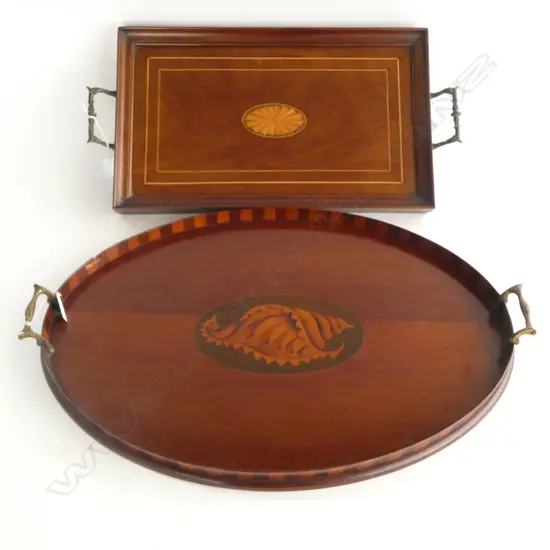 2 EDWARDIAN SHERATON-REVIVAL WOODEN TRAYS WITH METAL HANDLES, OVAL 570 x 390 mm (SLIGHT DAMAGE) & RECTANGULAR 450 x 260m