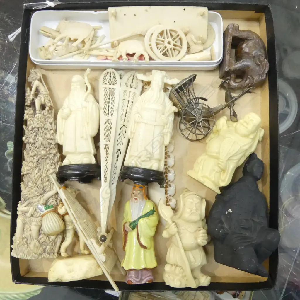 TRAY VINTAGE ORIENTAL COLLECTIBLES IVORY, BONE, CERAMIC, PLASTIC ETC  Image 1++