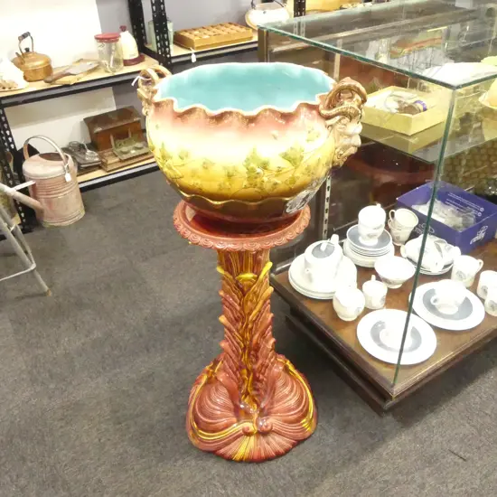 SARREGUEMINES MAJOLICA JARDINIERE ON STAND H.970mm