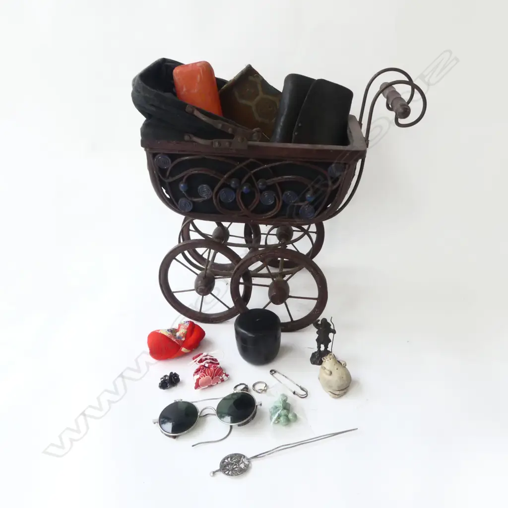BOX OF OLD JAPANESE ITEMS: purse + beads etc + doll's pram Image 1++