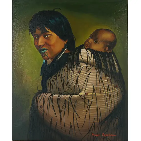 ROGER BODOTA 'ANA RUPENE AND CHILD', OIL ON CANVAS, AFTER GOTTFRIED LINDAUER, SIGNED, (LOOSE IN FRAME). 600 x 500mm