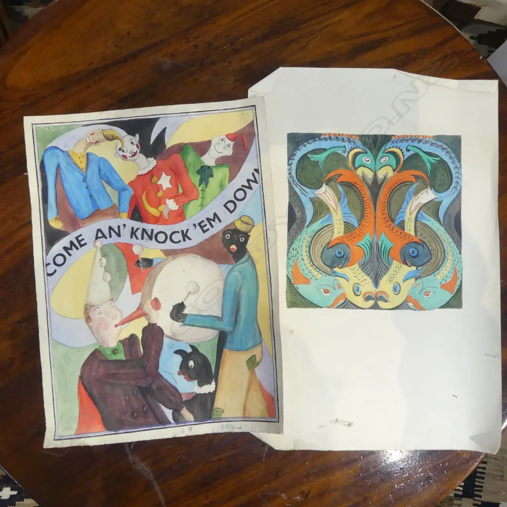 J POLLARD (Elam School of Lois White) 1940's 2 watercolours Fish Design & 'Come an' Knock 'em Down' signed 380 x 280mm. Image 1++