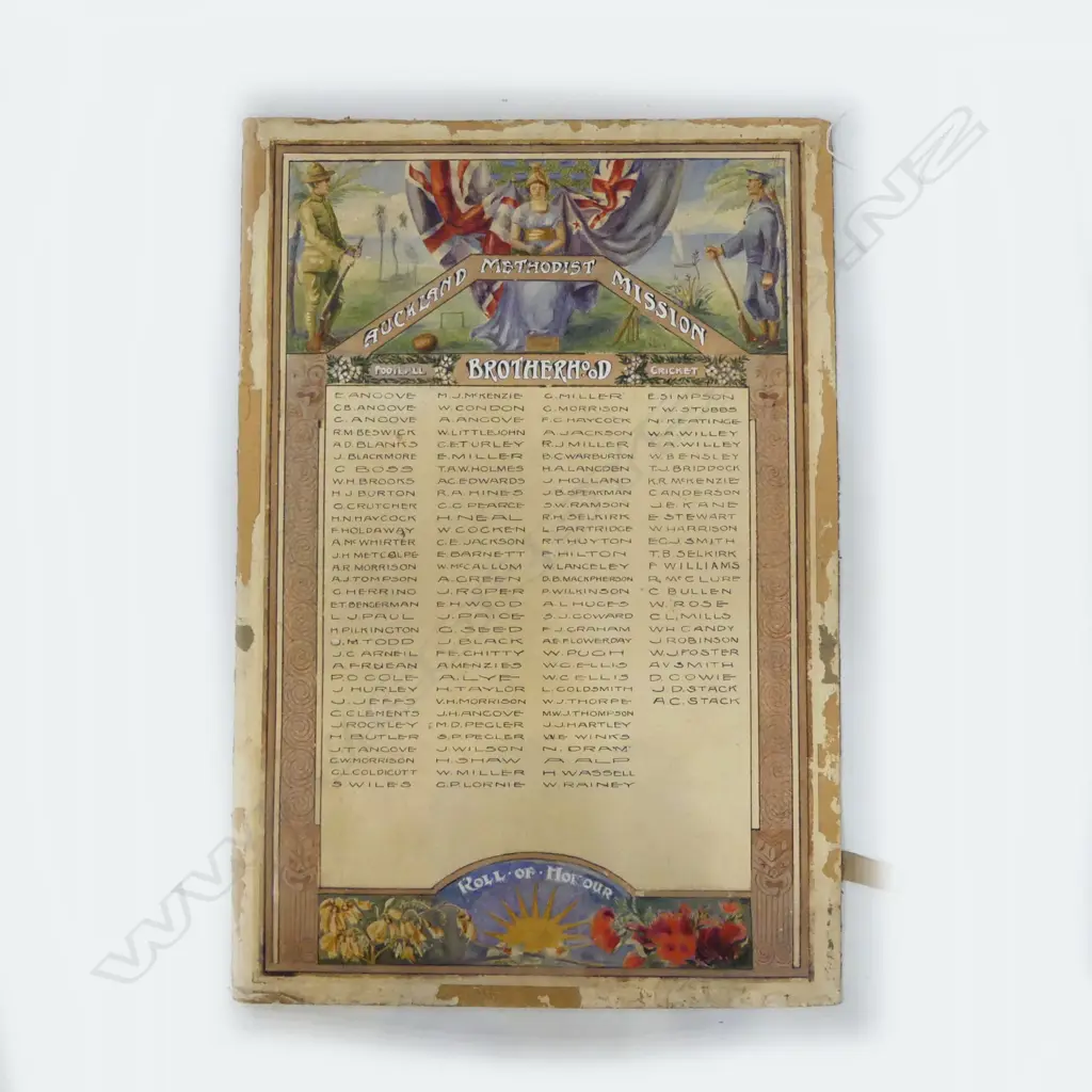 AUCKLAND METHODIST MISSION WWI HONOURS BOARD 810x550mm Attributed to Trevor Lloyd Image 1++