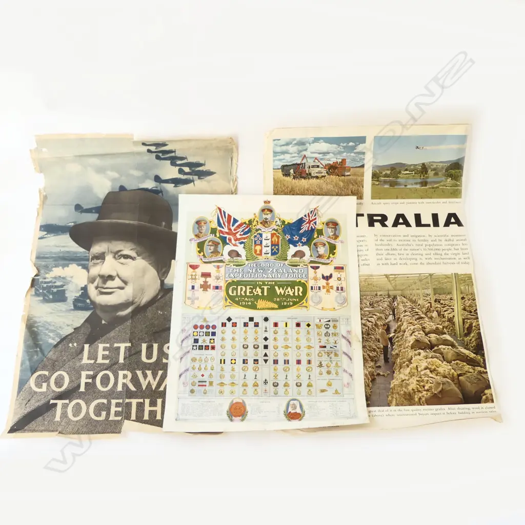 3 VINTAGE POSTERS:  2x WAR: CHURCHILL 'LET US GO FORWARD TOGETHER by J. Weiner Ltd. + 'RECORD OF THE NZEF' both w faults Image 1++