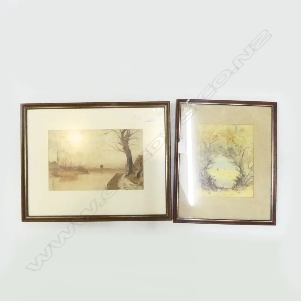 TREE/BEACH SCENE W/C SIGNED F.H. BACON,  UNSIGNED W/C CASTLE/RIVER SCENE 160x250mm Image 1++