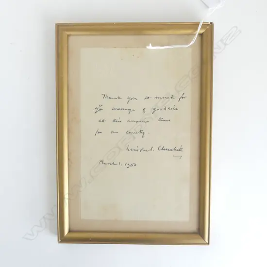 FRAMED LETTER OF THANKS FROM SIR WINSTON CHURCHILL ON HOUSE OF COMMONS HEADED PAPER 190x120mm
