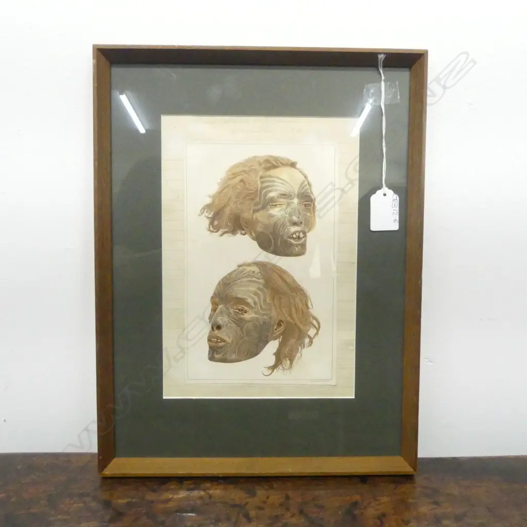 COLOURED CHROMOLITHOGRAPH 'NEW ZEALAND TATTOOED HEADS' 1883 by J.W. POWEL JULIUS BIEN, PLATE III, 210x135mm Image 1++