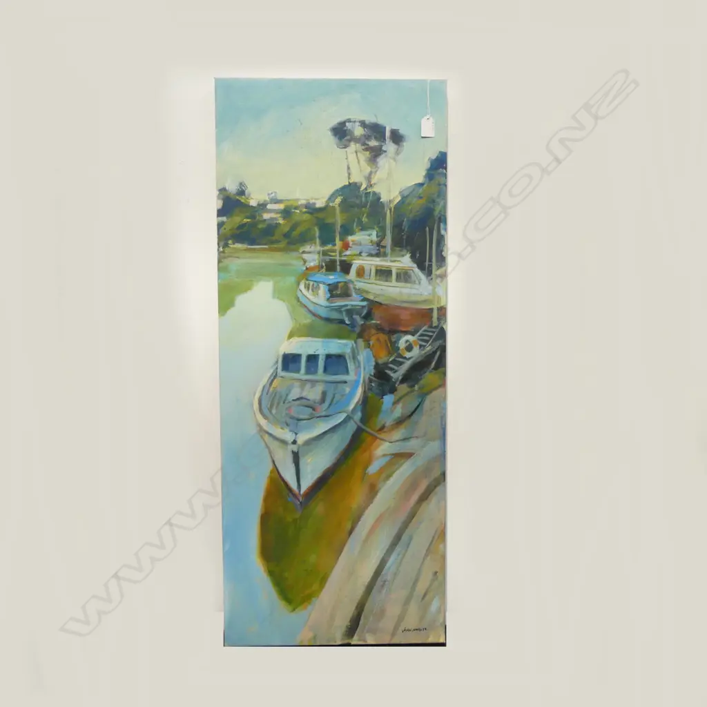 JOHN HORNER OIL ON CANVAS BOATING SCENE. Signed. 1020x405mm Image 1++