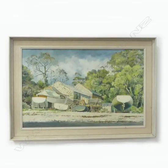 DONALD GRIEG, BOATYARD, OIL ON BOARD 505x790mm