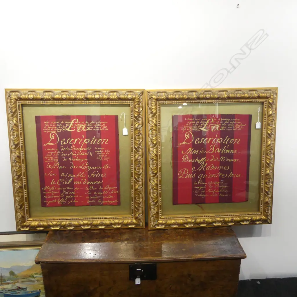 **HOLD UNTIL HEAR FROM VENDOR OVERSEAS** PR GOLD PAINTED FRENCH TEXT on FABRIC ORNATELY FRAMED, 780 x 700mm with frame Image 1++