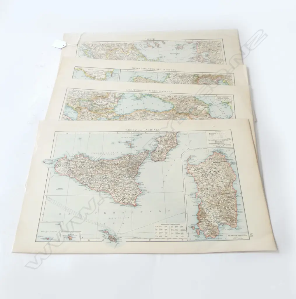 FOUR ANTIQUE MAPS C.1899 MEDITERRANEAN, SICILY & SARDINIA, & GREECE, L.440 W.280MM Image 1++
