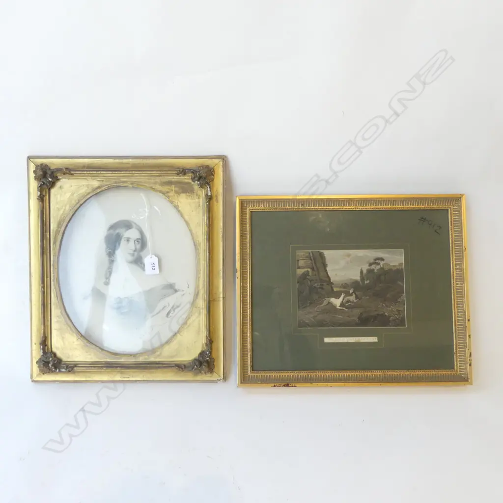2 PRINTS; VICTORIAN PORTRAIT IN GILT FRAME AF, ITALIAN GREYHOUNDS 140x200mm  Image 1++