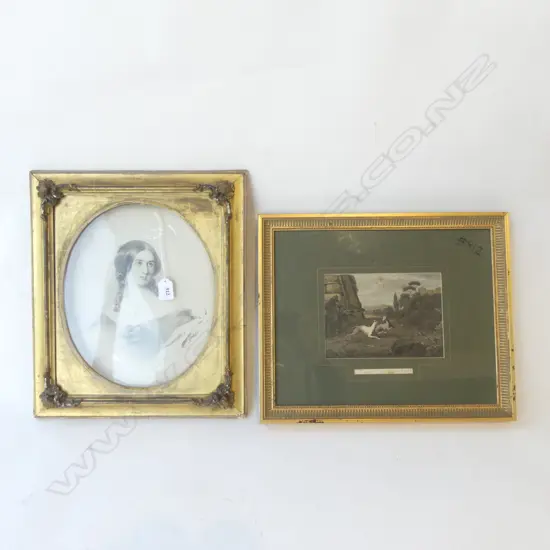 2 PRINTS; VICTORIAN PORTRAIT IN GILT FRAME AF, ITALIAN GREYHOUNDS 140x200mm 