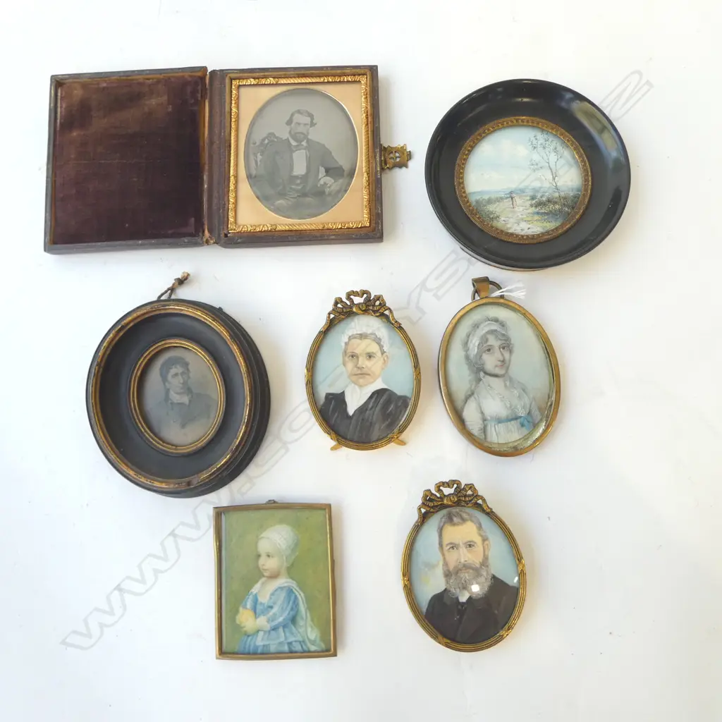 7 ASST. MINIATURES INCL. VICTORIAN COUPLE & CASED DAGUERREOTYPE OF A GENTLEMAN 95x85mm Image 1++