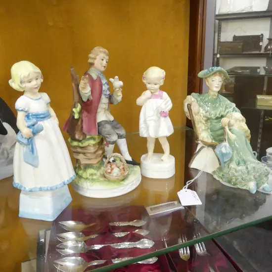 2 ROYAL WORCESTER FIGURES 'ONLY ME' 'MONDAYS CHILD IS FAIR OF FACE' + ROYAL DOULT 'ASCOT' & OTHER FIGURE H.180mm