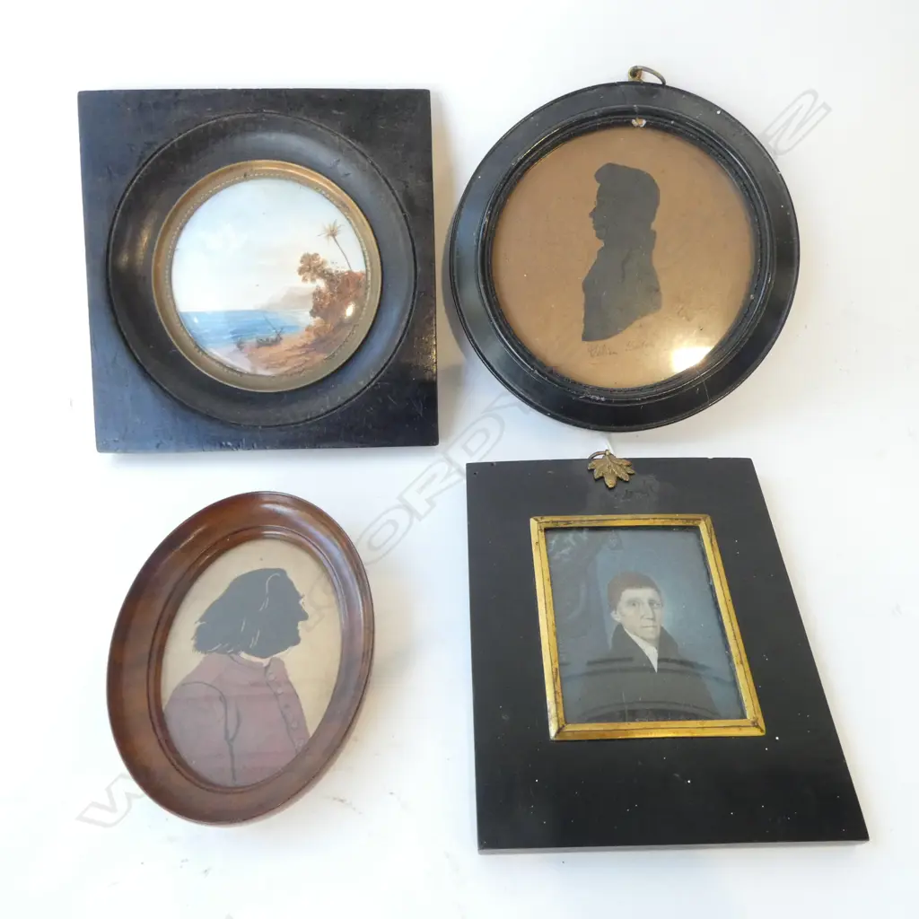 4 ARTWORKS; 2 SILHOUETTES, COASTAL LANDSCAPE 90mm dia, 18thC PORTRAIT OF NICOLAS GRUT 80x65mm, dates verso Image 1++