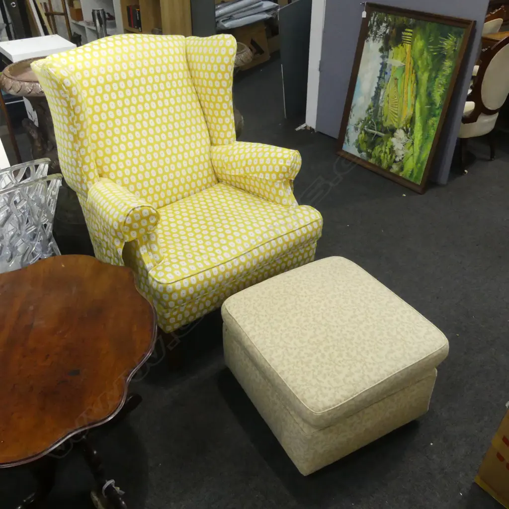 RECENTLY REUPOLSTED WING BACK CHAIR H1020 & OTTOMAN NOT RECOVERED Image 1++