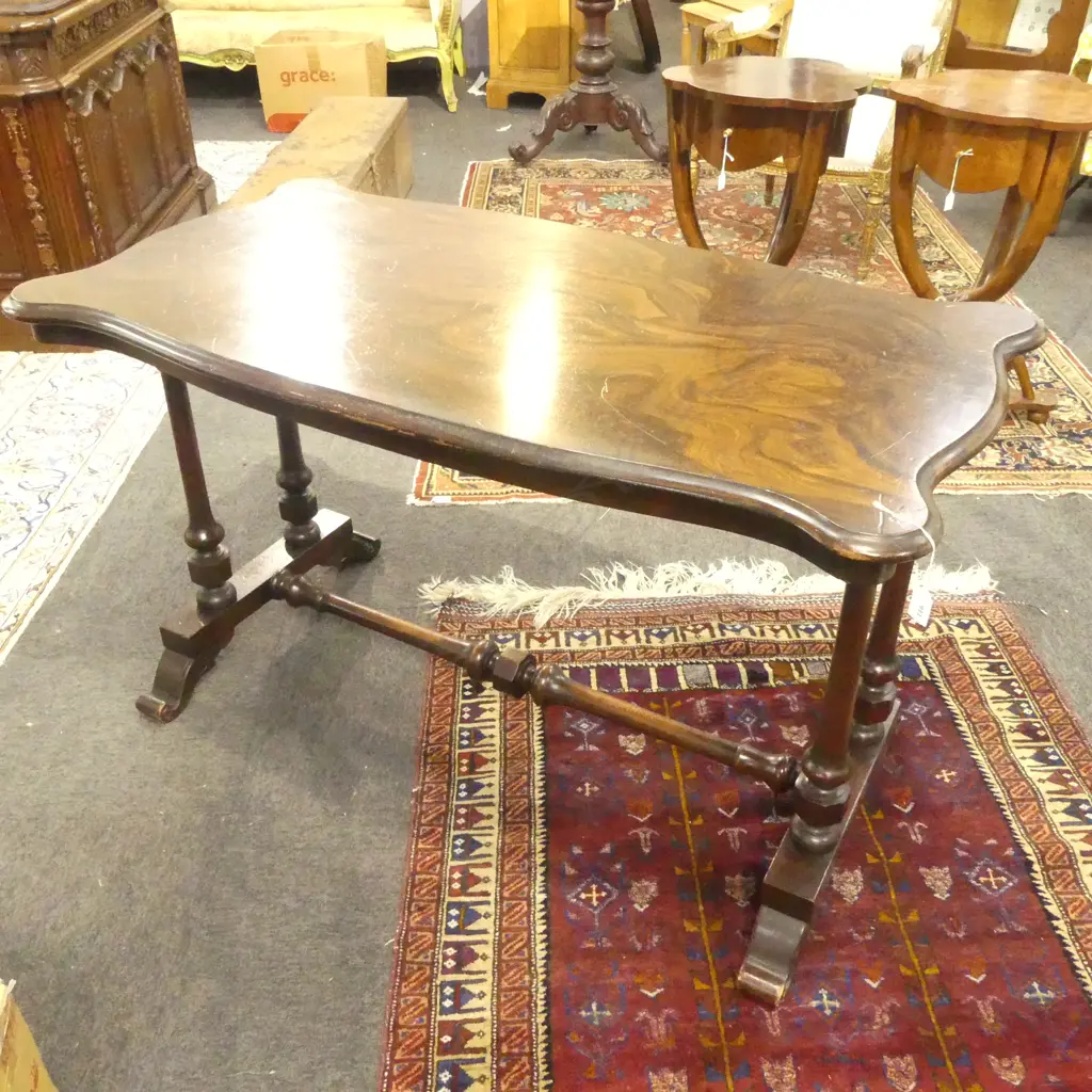 MAHOGANY TABLE WITH STRETCHER BASE1220x640x710mm w. PAINT FINISH FAUX GRAIN TOP Image 1++